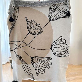 Ins Style Illustration Art Knitted Blanket Sofa Blanket Half-side Velvet Blanket Flower Pattern Skin-friendly Soft and Warm
