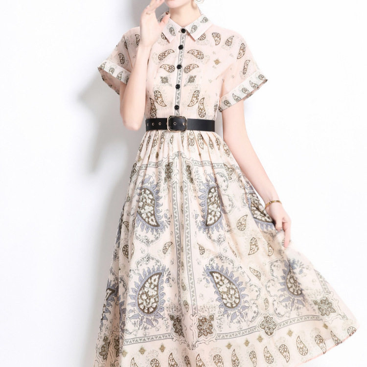 Womens Summer Shirt Dress Lapel Collar Belted Slim Fit Short Sleeve Floral Print Vintage Style for Casual