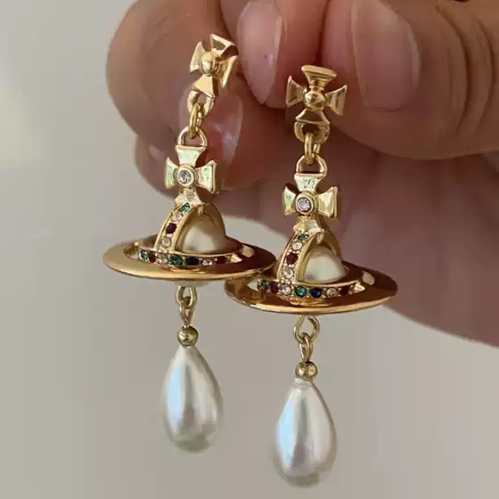 Empress Dowager Pearl Stud Earrings Water Drop Saturn Original Pearl Long Tassel Earrings Creative Design Earrings