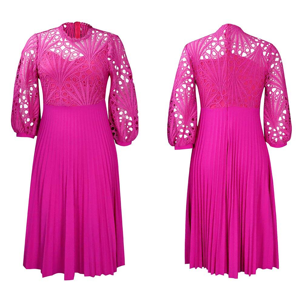 Plus Size Womens Lace Panel Pleated Hollow Out Dress Elegant Design Summer Style African Fashion Wholesale Available