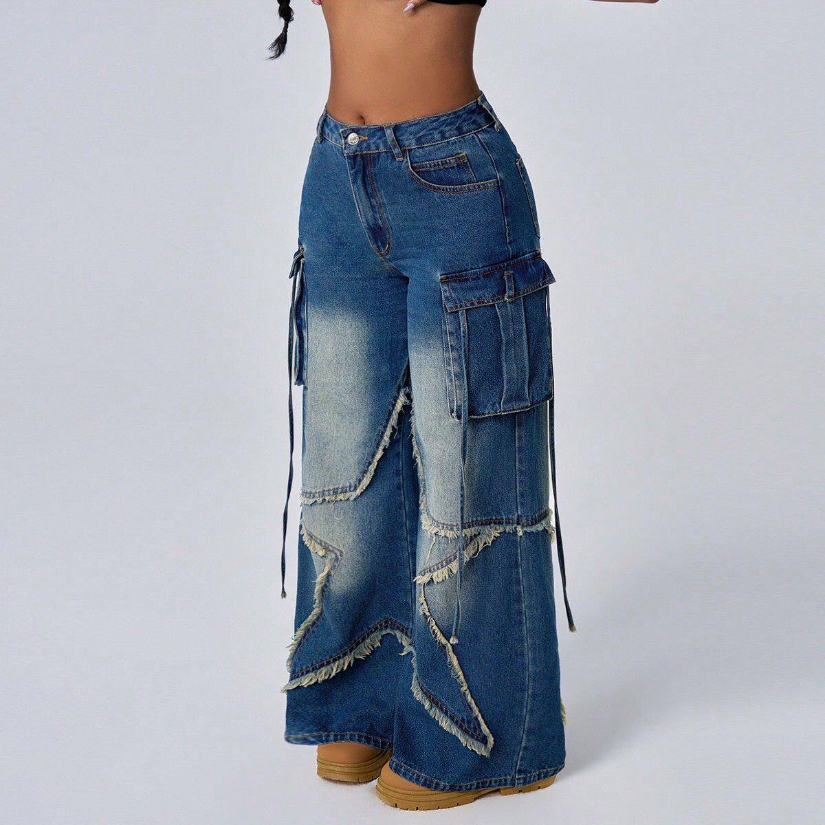 Vintage Star Print Denim Cargo Pants for Women Retro Style Casual Fit Versatile Wear Wholesale Available