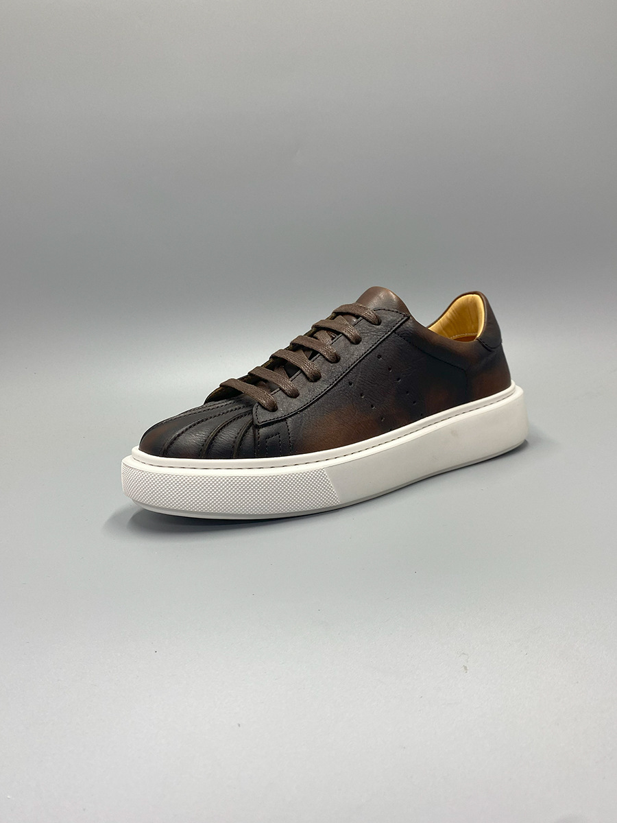 Giày sneaker nam mũi vỏ sò kiểu retro, da thật đánh bóng thủ công — Màu nâu, Màu đen, Màu cà phê