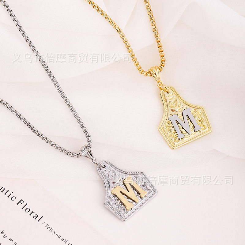 Cross-Border New In-Stock Denim Jewelry Letter Pendant Copper Plated with 14K Gold Necklace with 26 Letter Embossing
