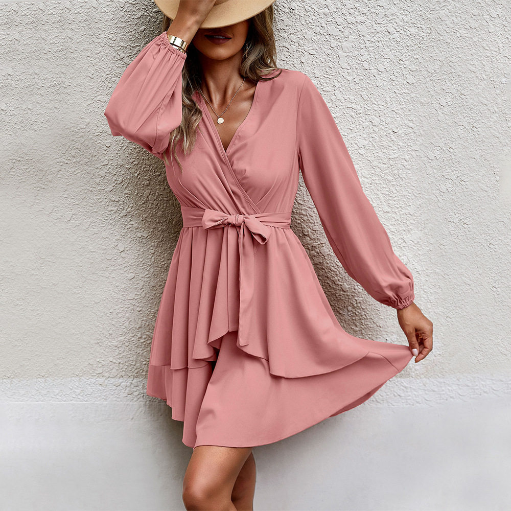 Elegant V Neck Dress Waist Tie Slim Fit Spring Summer Style Wholesale Available low MOQ bulk order