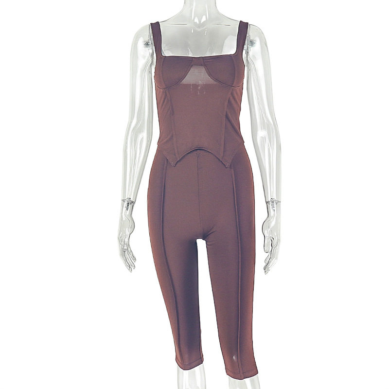 Womens Solid Color Jumpsuit Set Halter Neck Backless Slim Fit Three Quarter Length Casual Chic for Summer