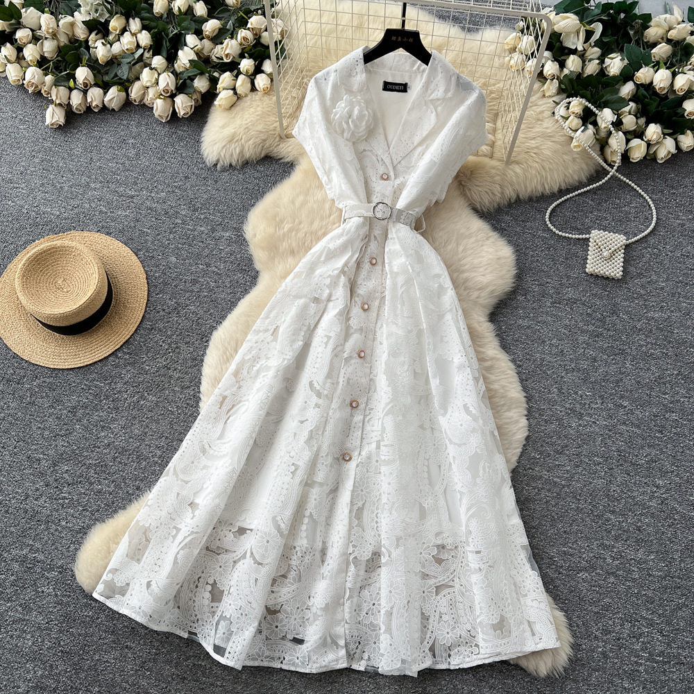 French Lace Floral Hollow Out Maxi Dress High Waist Slim Fit Elegant Style Perfect for Formal Occasions Wholesale