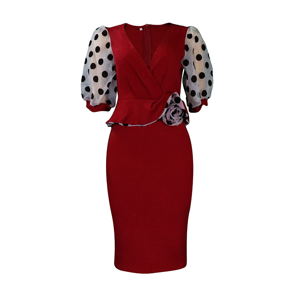 Womens Pencil Dress Spring Summer Collection Mesh Puff Sleeve Color Block Design Elegant Style Wholesale Available