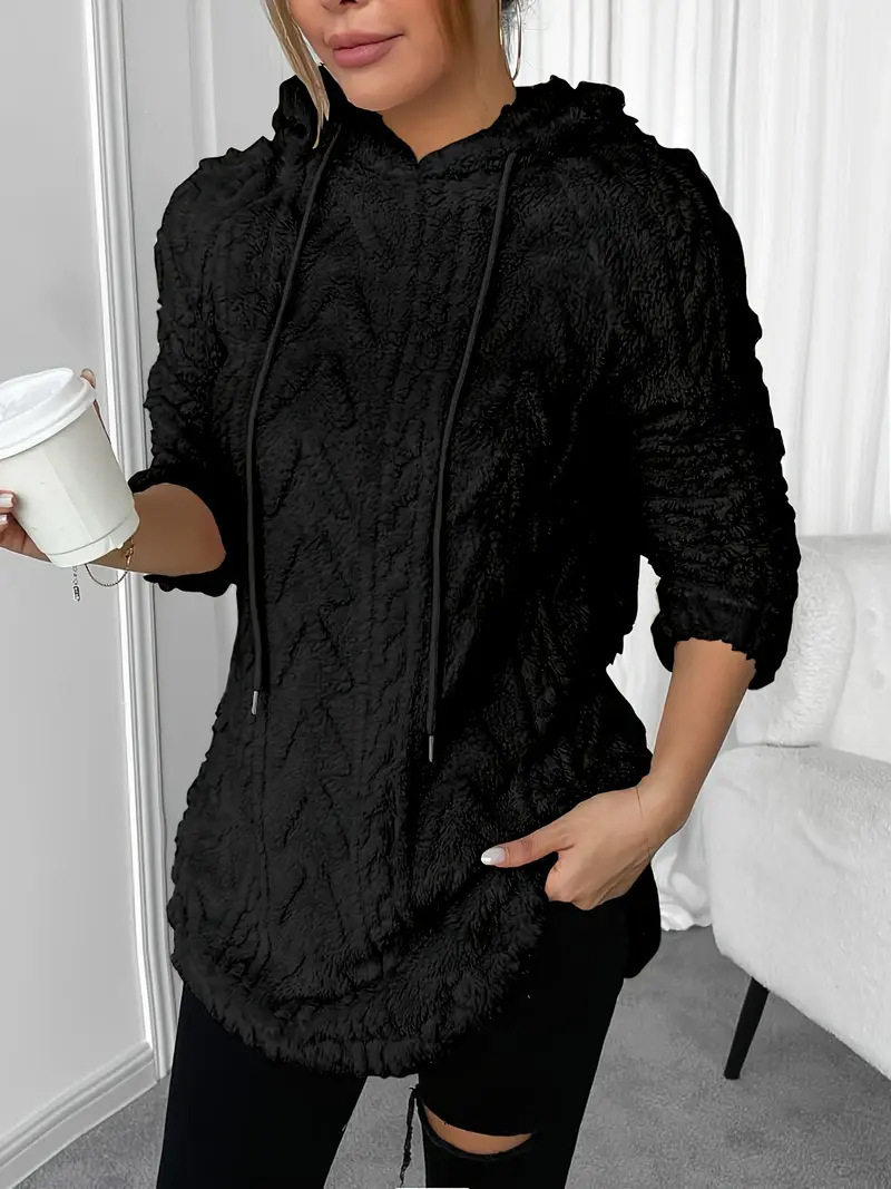 Hooded Long Sleeve Pullover Sweater Slim Fit Drawstring Plush Fabric Solid Color Fall Fashion for Women Wholesale