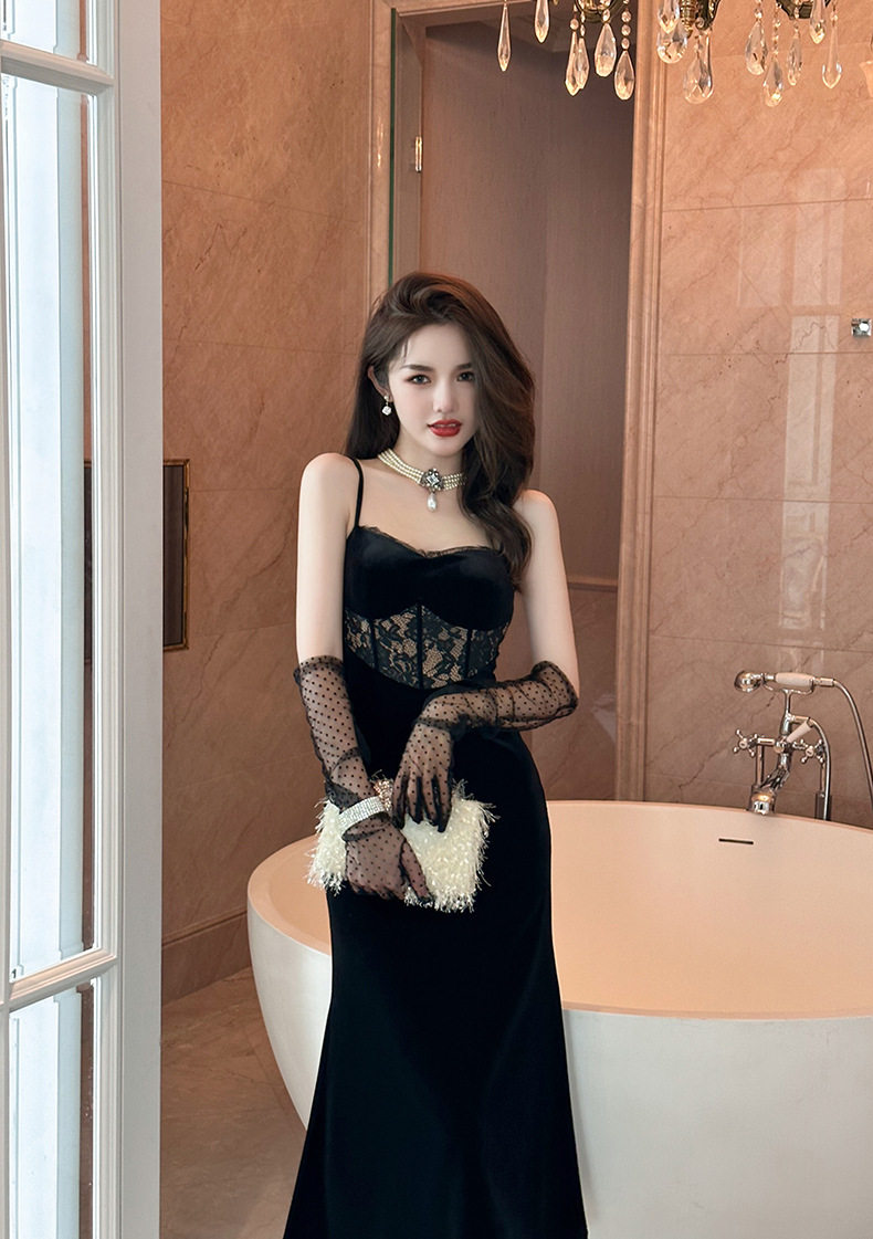 Đầm ôm body nữ nhung dáng đuôi cá cổ V không tay — [Đen] chi tiết 17