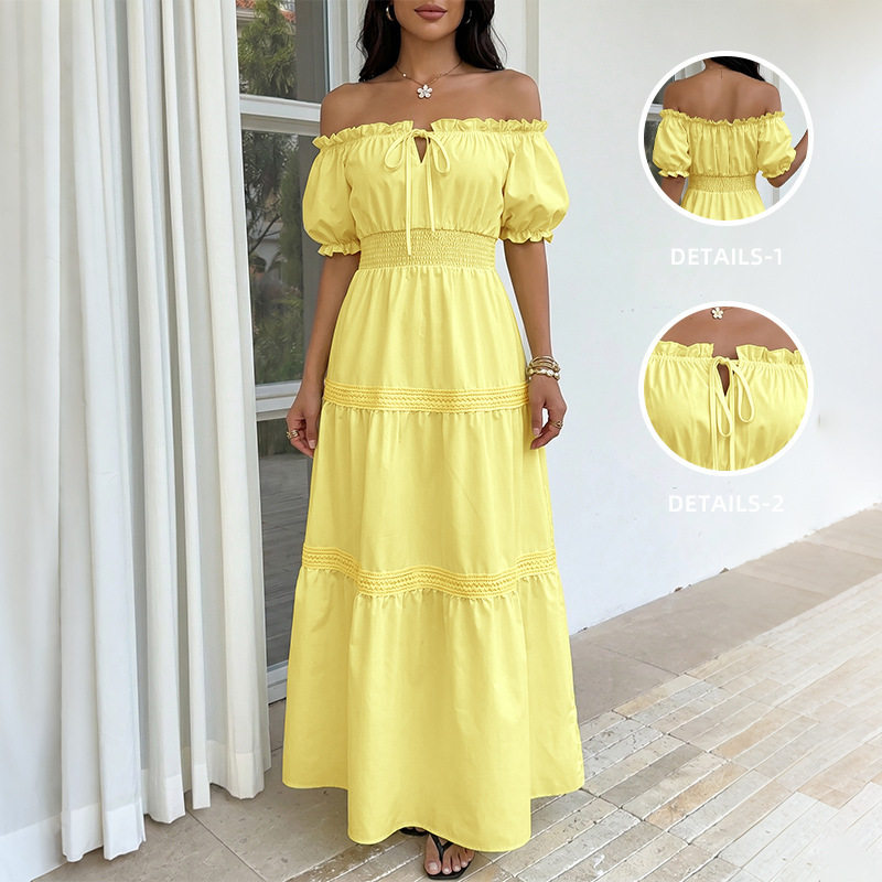 Off Shoulder Puff Sleeve Cake Dress Solid Color Fresh Vacation Style Perfect for Summer Events Wholesale Available