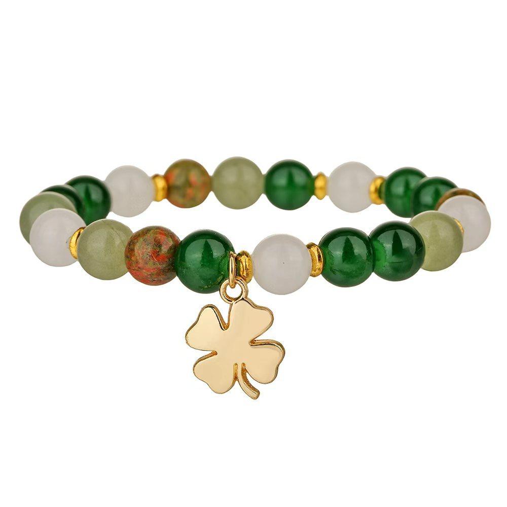 Cross-Border New Product European and American Retro Style Four-Leaf Clover Single Beaded Bracelet Handmade Beaded 8mm Natural Stone Bracelet for Women