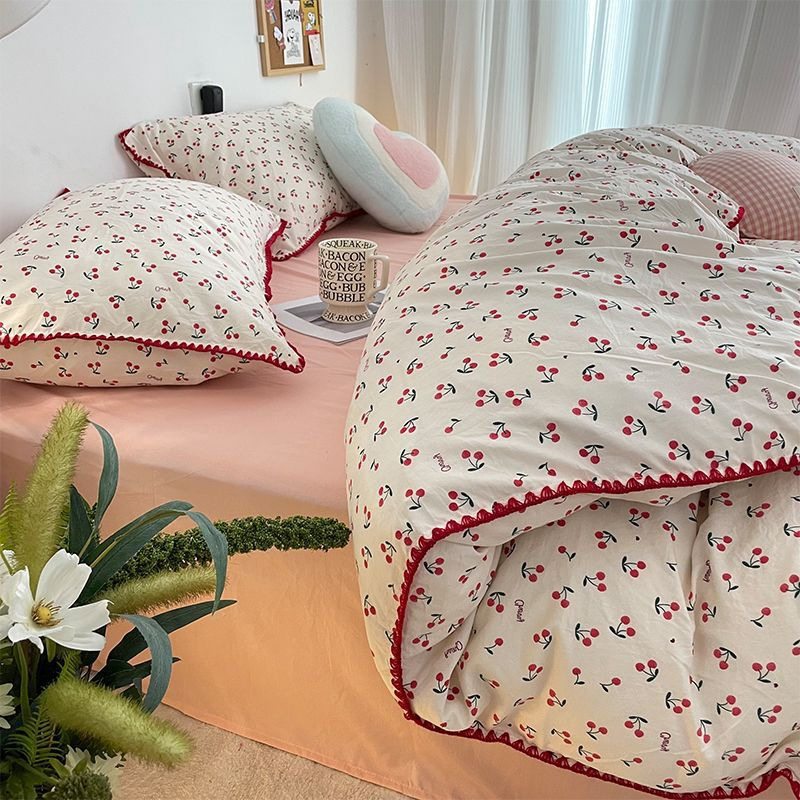 Girly Heart Cherry Quilt Cover Double-Layer Yarn Bedding Four-Piece Set Simple Washed Cotton Sheets Dormitory Set