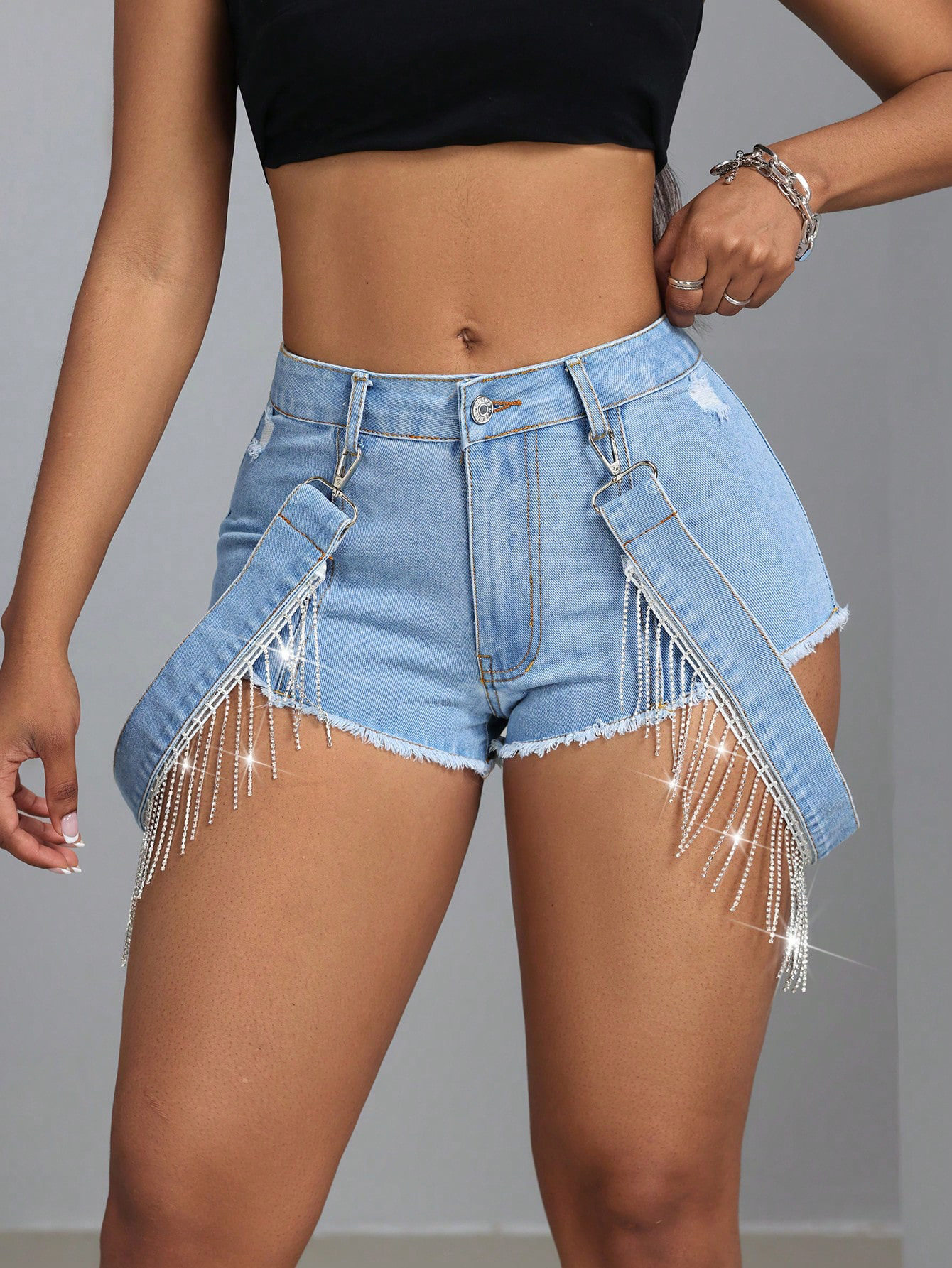 Fringe Hem Denim Shorts Slim Fit Tie Detail Casual Style Perfect for Summer Outings Wholesale Available