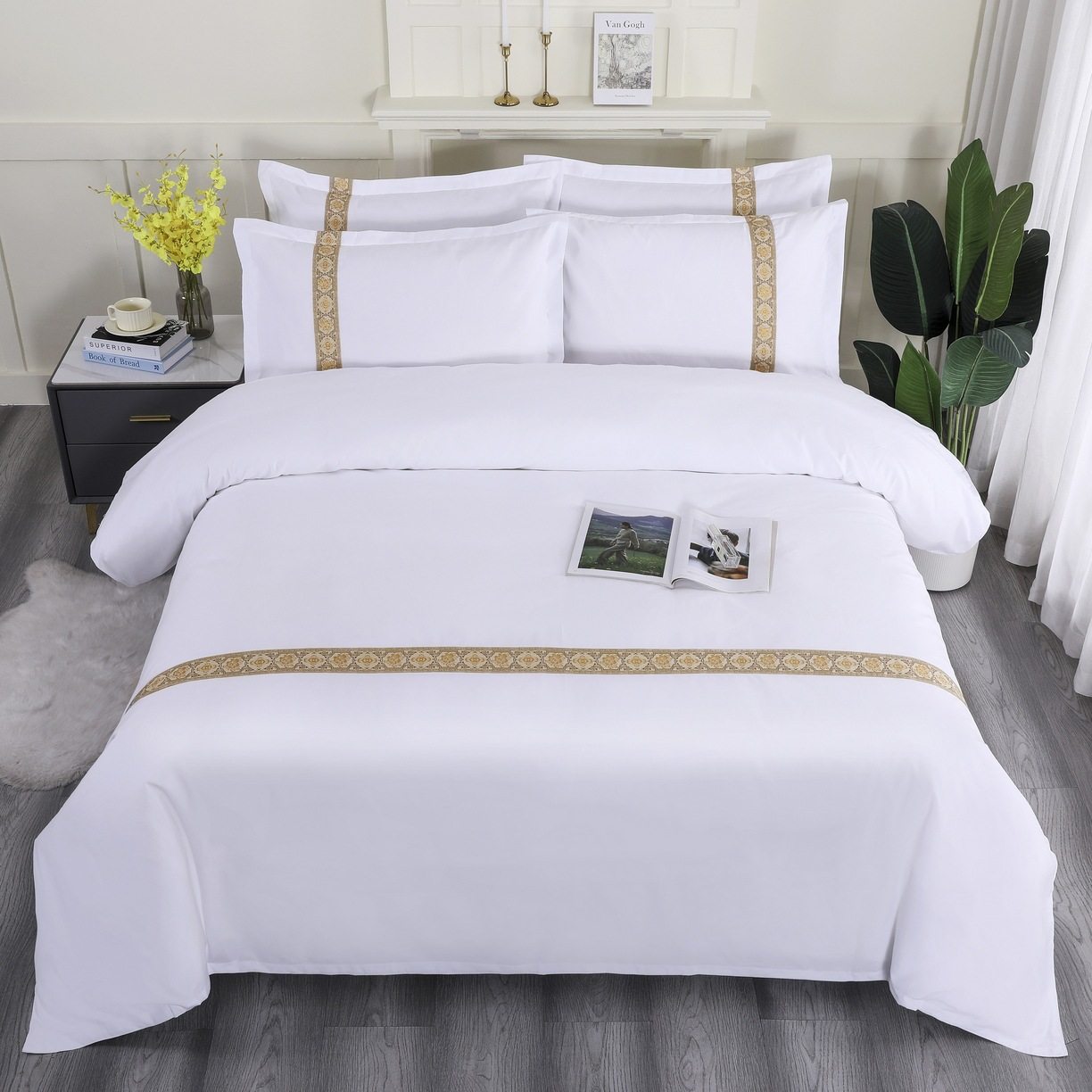 140g Brushed High-Quality Imitation Cotton, Star-Rated Hotel, Guesthouse, Homestay Brushed Pure White Three-Piece Set, Four-Piece Set, Fitted Sheet Style