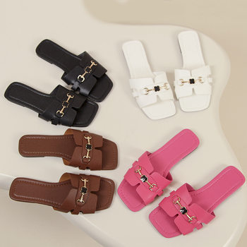 Cross-Border Simple Metal Buckle Strap Fashion Women's Slippers 2025 New Square Toe Comfortable Flat Sandals for Women