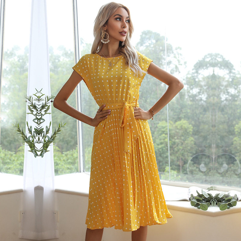 Vintage Polka Dot Ruffled Dress Short Sleeve Elegant Design Summer Style Wholesale Available