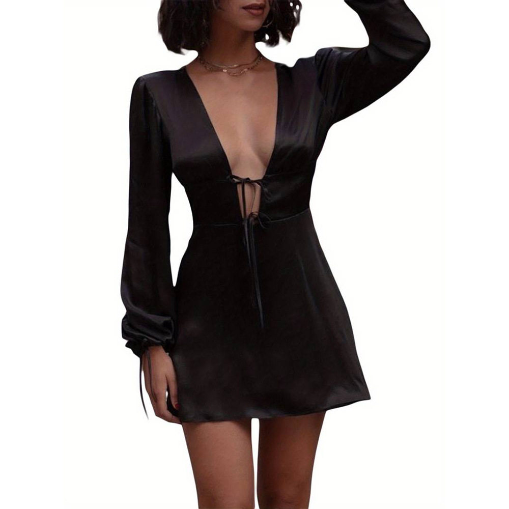 Womens Sexy Spring Summer Dress Deep V Neck Unique Design Tie Waist Short Skirt Perfect for Parties and Casual