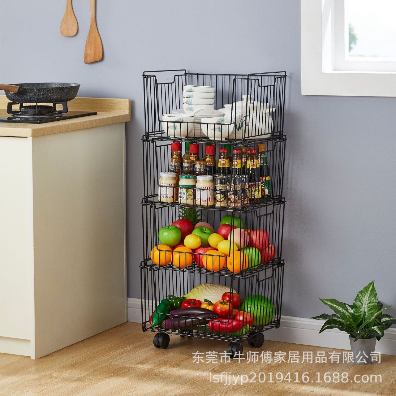 Multifunctional Kitchen Fruit and Vegetable Storage Rack Bedroom Snack Storage Basket Dormitory Storage Rack Iron Storage Basket Universal Wheel