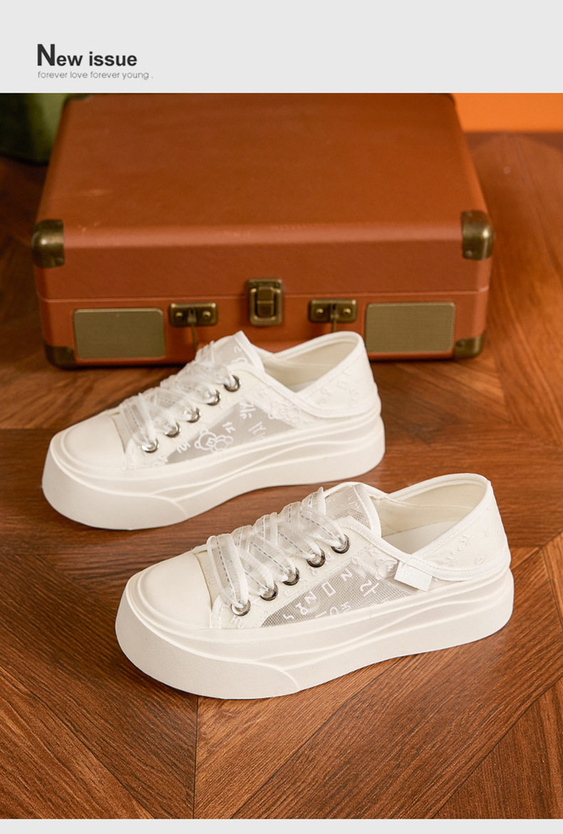 Giày sneaker nữ chạy bộ mesh thoáng khí đế phẳng — Trắng, Mơ chi tiết 11