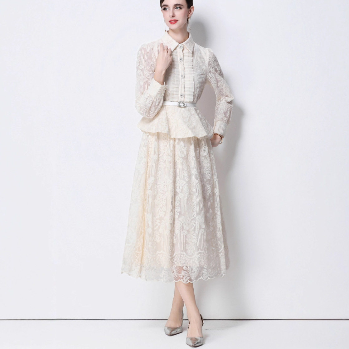 French Style Embroidered Chiffon Dress Ruffled Hem Waist Defining Elegant Design Perfect for Formal Events