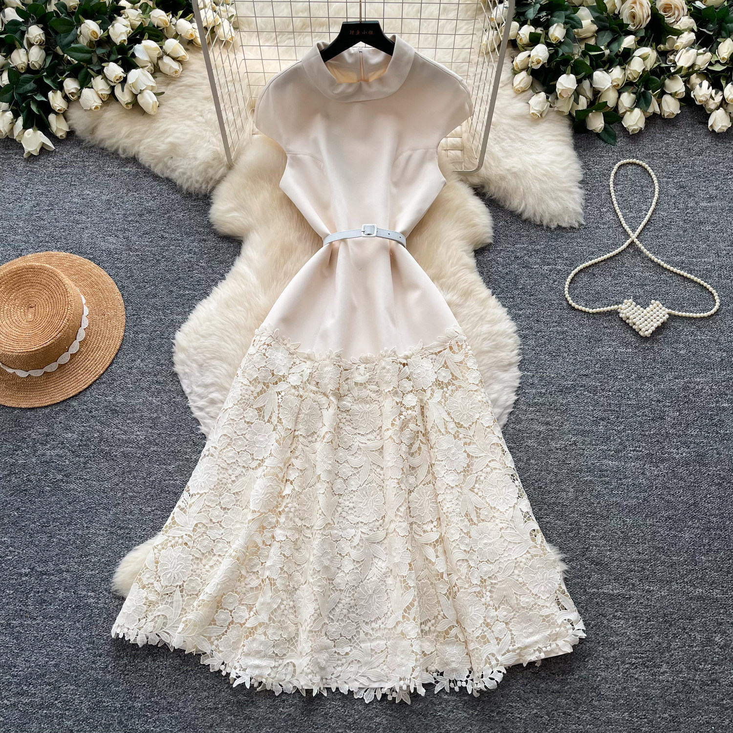 Elegant Lace Trimmed A Line Dress High Waist Slim Fit Summer Fashion Perfect for Parties and Special Occasions
