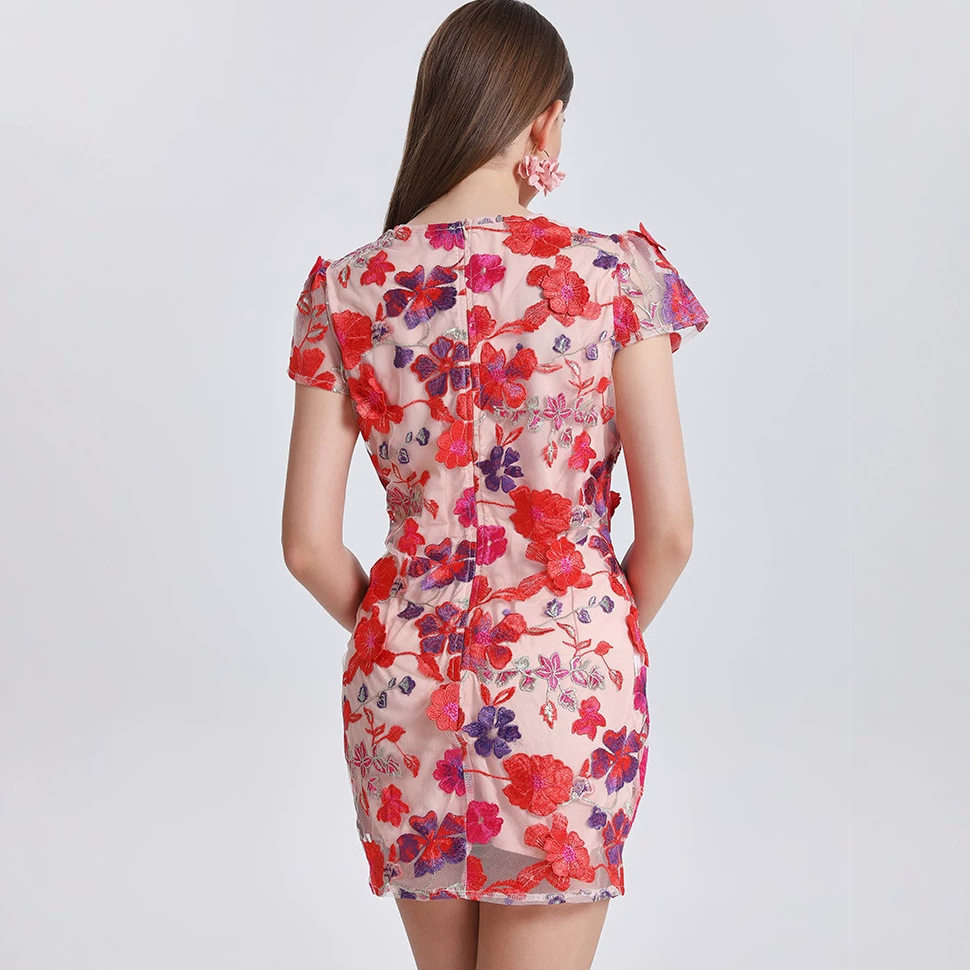 Short Embroidered Bodycon Dress Colorful 3D Floral Design French Court Style Summer Collection OEM Available