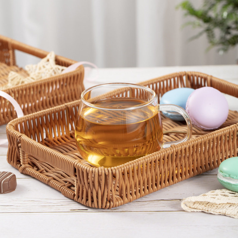 Imitation Rattan Basket Bread Fruit Basket Tray Plastic Woven Basket Coffee Table Desktop Storage Basket Bathroom Cosmetic Sundries Basket