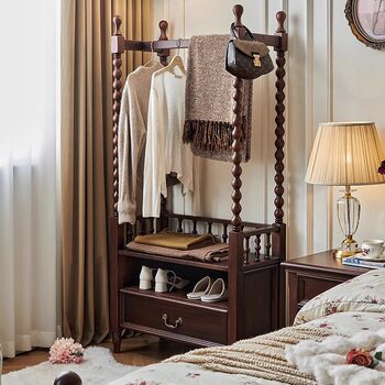 French-Style Vintage Solid Wood Coat Rack, Mid-Century Bedroom Floor-Standing Storage Clothes Rack, Bedside Nighttime Clothes Organizer