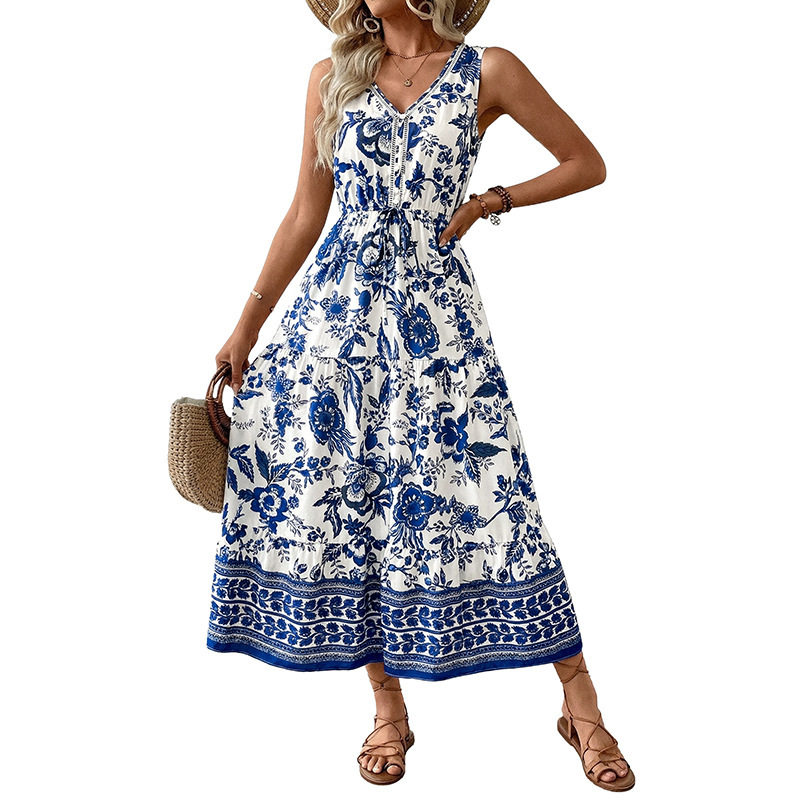 Vintage Floral Print Sleeveless Dress Summer Vacation Style Lightweight Fabric Elegant Design Wholesale Available