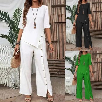 2025 Women's Irregular Hem Pants Suit Elegant Fashion Casual Button Half Sleeve Shirt Loose Two Piece Set