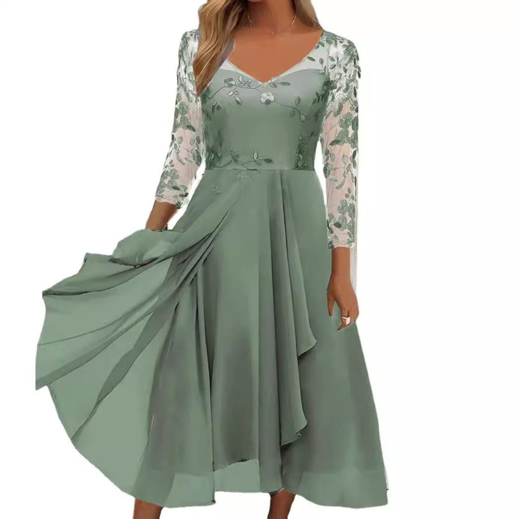 Chiffon V Neck Long Dress with Lace Inserts Elegant Evening Gown for Bridesmaids Available in Multiple Colors and Sizes