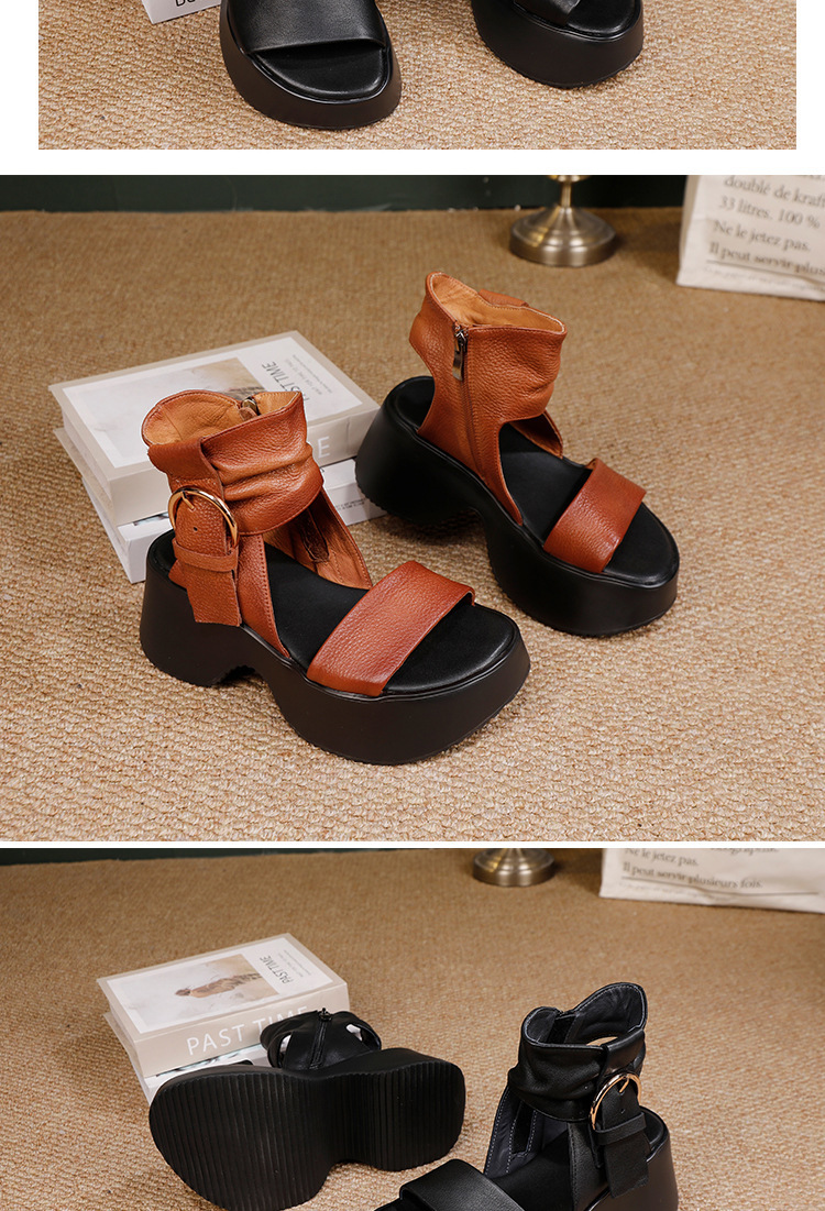 Sandal nữ mũi hở đế dày da bò thật phong cách cổ điển — màu đen, Màu nâu