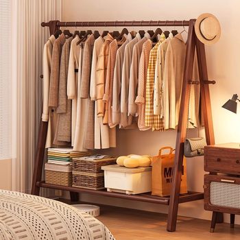 Solid Wood Clothes Hanger Floor-Standing Bedroom Home Clothes Hanger Coat Rack Indoor Clothes Hanging Rack Wooden Simple Clothes Drying Rack