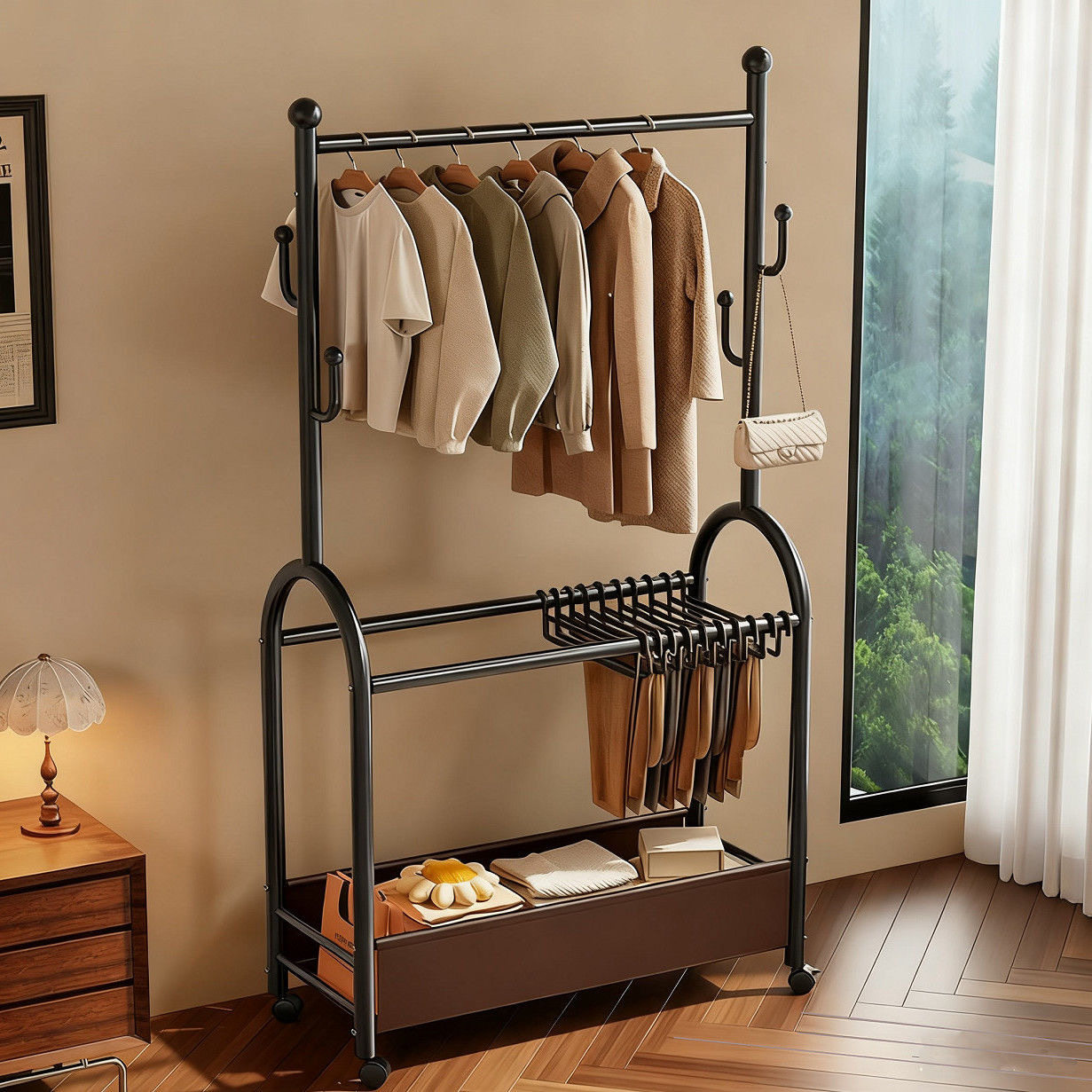Clothes Rack Floor-Standing Bedroom Household Coat Rack Trouser Rack Integrated Balcony Clothes Drying Rack Simple Mobile Clothes Hanging Rack