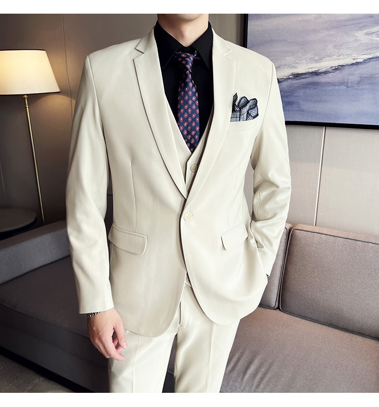 Bộ com-lê nam ba mảnh dáng ôm, áo vest một hàng khuy phong cách công sở — Màu xám (áo một nút + áo vest + quần), Màu xanh (áo một nút + áo vest + quần), Màu đen (áo một nút + áo vest + quần), Màu xanh navy (áo một nút + vest + quần)