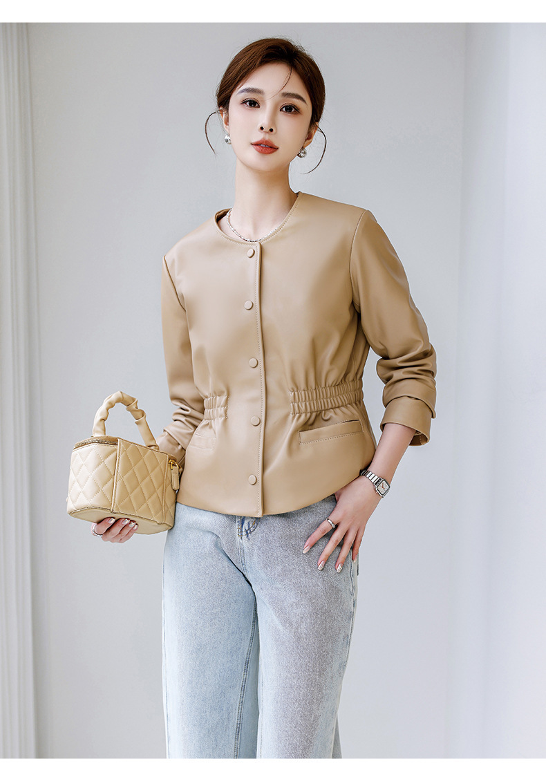Áo khoác da cừu nữ cổ tròn dáng ngắn thắt eo — Màu đen, Màu Kaki