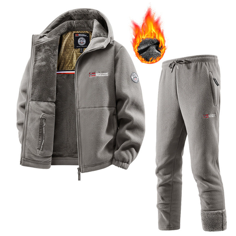 出口挪威大码保暖加厚双层带帽摇粒绒外贸跨境欧码加绒卫衣卫裤潮