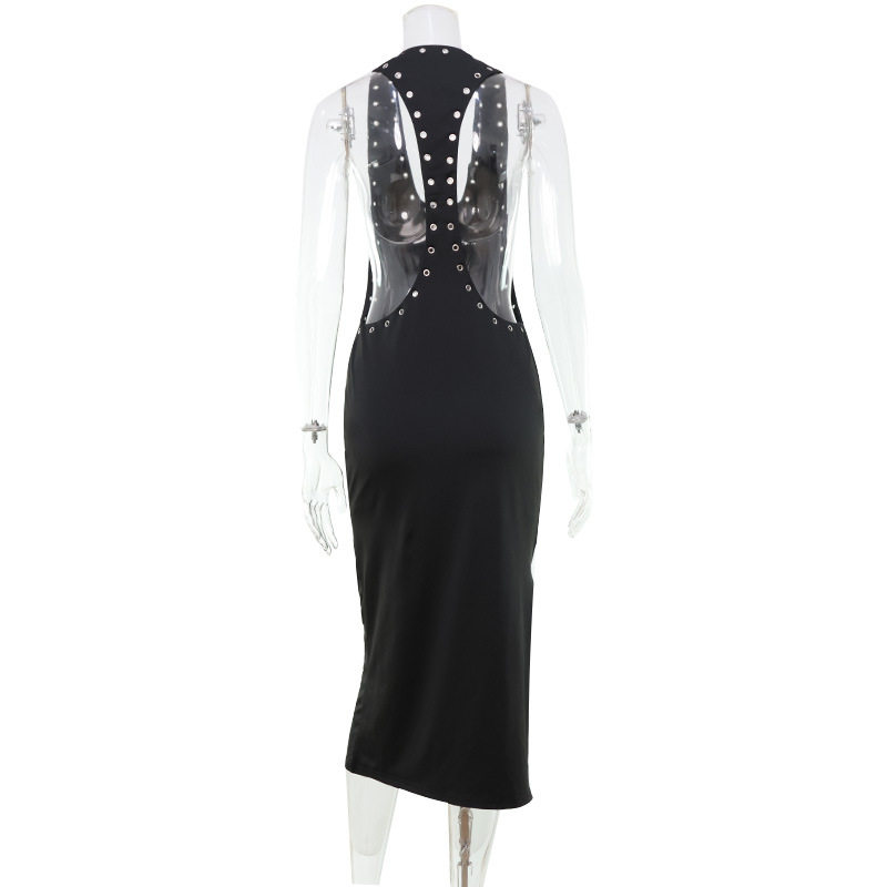 American Style Sleeveless Bodycon Dress High Elasticity Cut Out Back U Neck Slim Fit Solid Color Perfect for