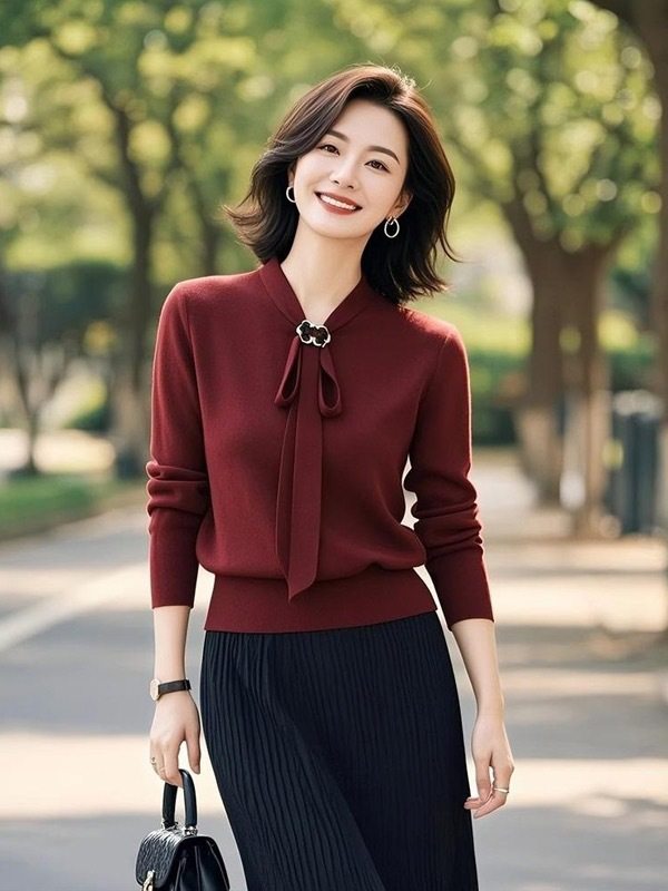 Red Lace-Up Slim Long-Sleeved Knitwear for Women in Spring and Autum New Style, Elegant and Light, Mature Style with Skirt Two-Piece Set