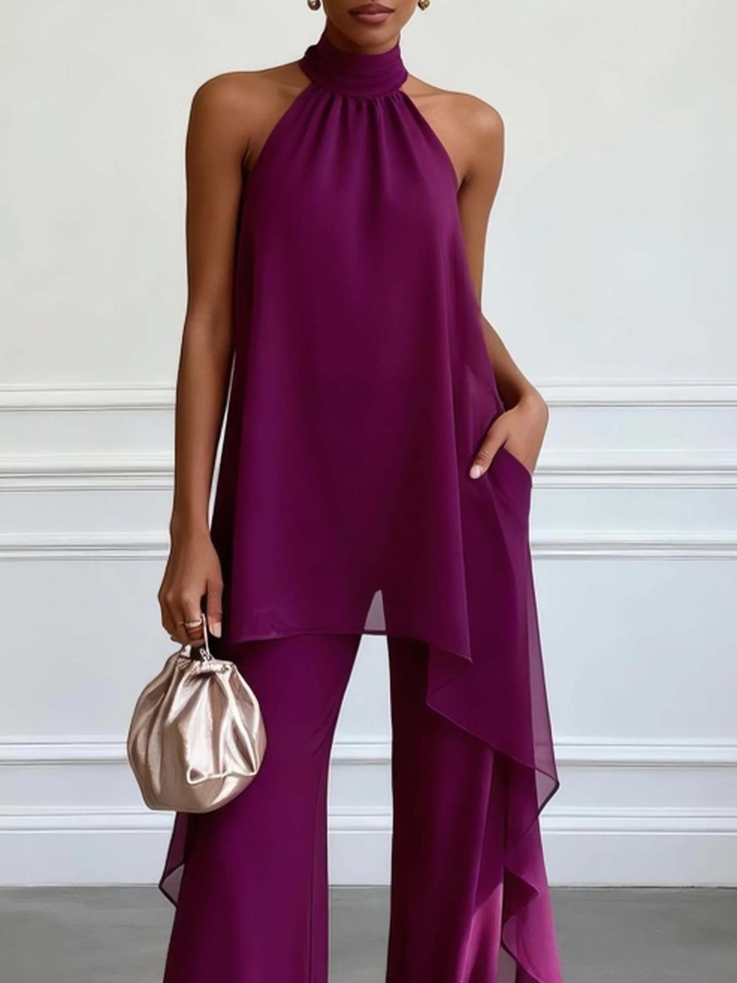 Chiffon Two Piece Set Sleeveless Halter Neck Solid Color Spring Summer Fashion for Women Wholesale Available