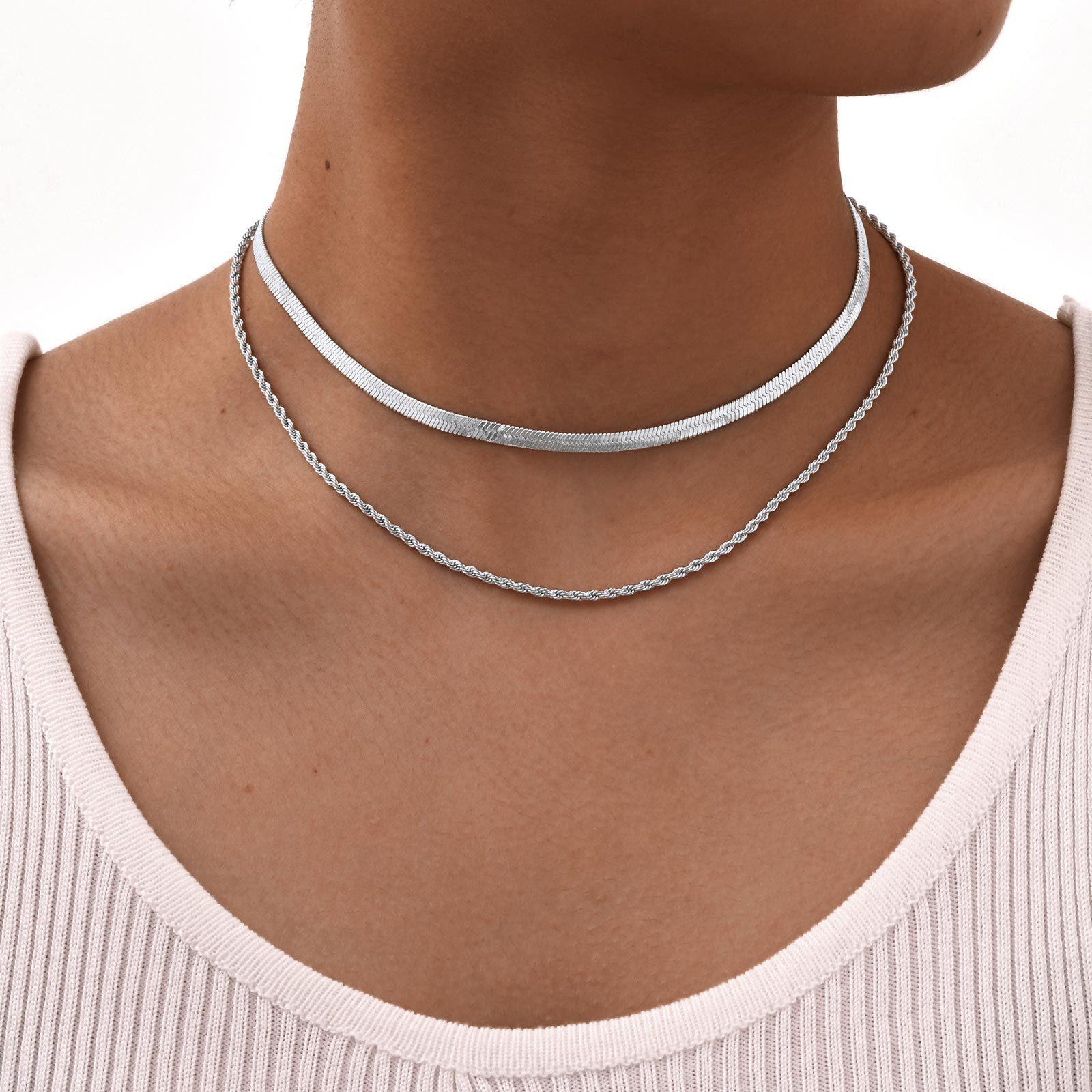 Huan Mu jewelry double twist snake bone chain necklace European and American style fashionable retro temperament stainless steel 18k color