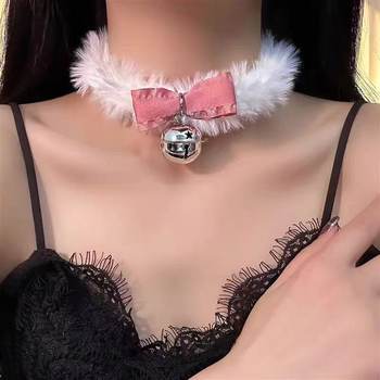 Tide Cool White Bell Pendant Plush Choker Collar Women's Neck Ring Bow Necklace Neck Clavicle Chain Accessories