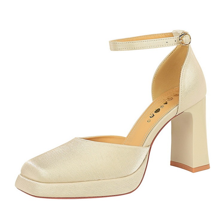 Sandal cao gót nữ quai ngang mũi vuông đế xuồng mặt satin — Màu đen, Màu đỏ rượu, Màu sâm panh, Màu trắng