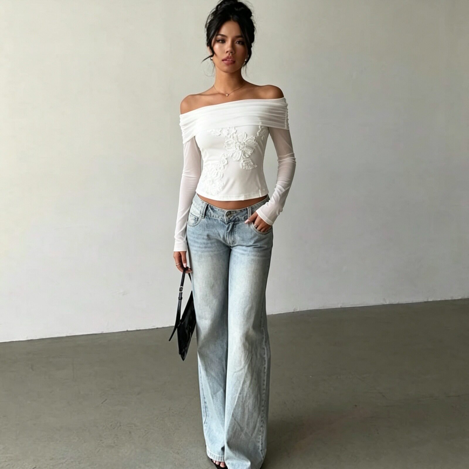 French Style Womens Long Sleeve T Shirt Embroidered Fitted Off Shoulder Autumn Fashion Wholesale Available