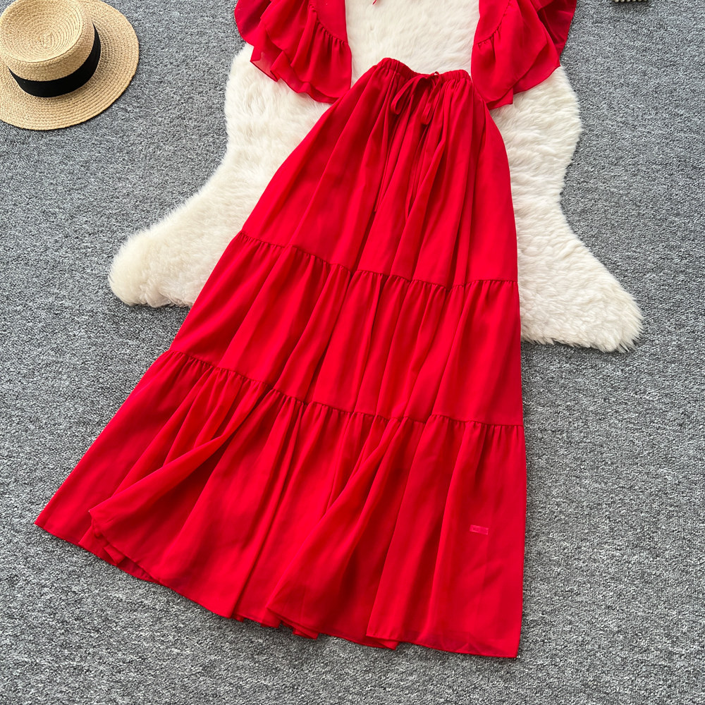 French Vacation Style Red Ruffled Flare Sleeve V Neck Blouse with High Waist Skirt Set Elegant Autumn Outfit for Women