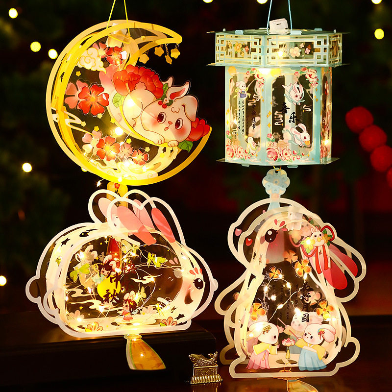 Mid-Autumn Festival Lanterns for Children, Portable Glowing Lanterns, DIY Material Kits, Chinese Trendy Ancient Style Cartoon Palace Lanterns Wholesale for Stalls