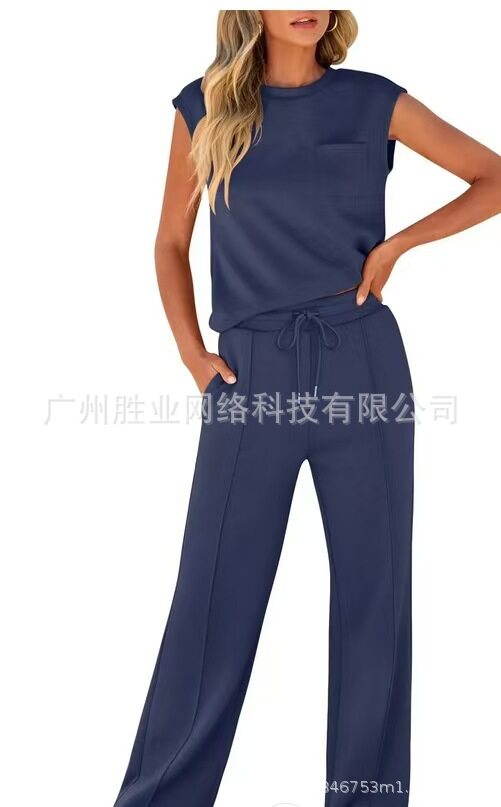 2025欧美跨境外贸秋冬季新款圆领无袖时尚休闲运动套装宽松两件套