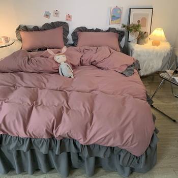 Korean Style Ins Four-Piece Ruffled Quilt Cover Washed Cotton Bed Sheetss Bed Skirt Girl Dormitory Quilt Cover Three-Piece Bed Set