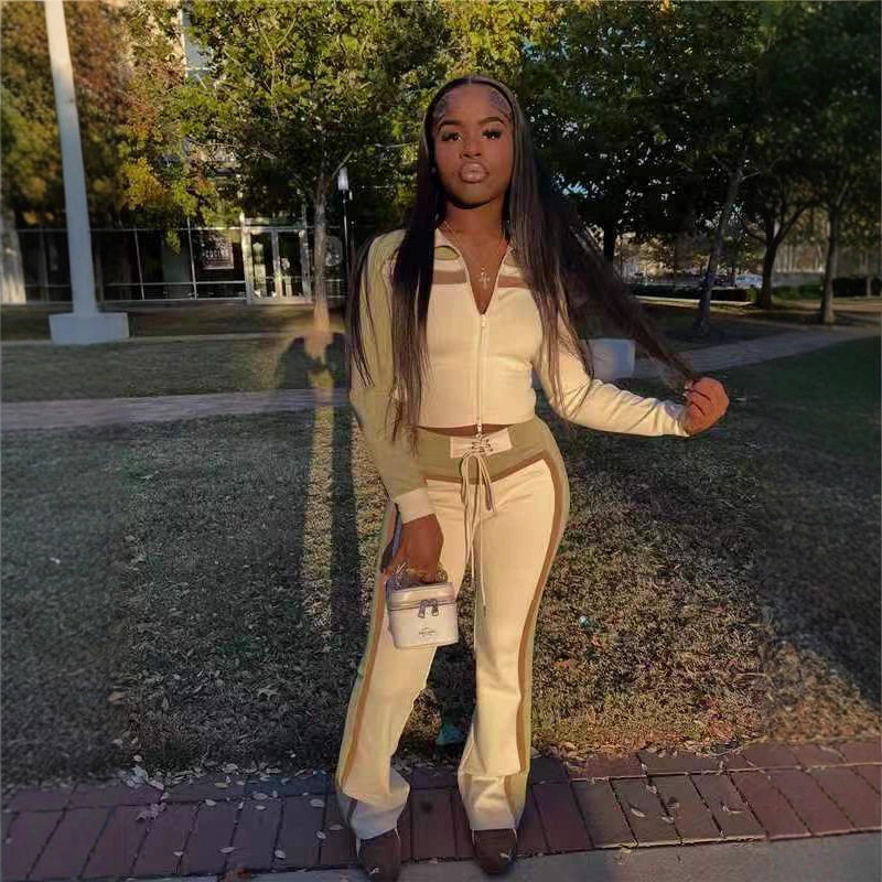 European and American Cross-Border New Sexy Fashion Long-Sleeved Trousers Amazon Color Matching Bestie Suit Two-Piece Set for Women