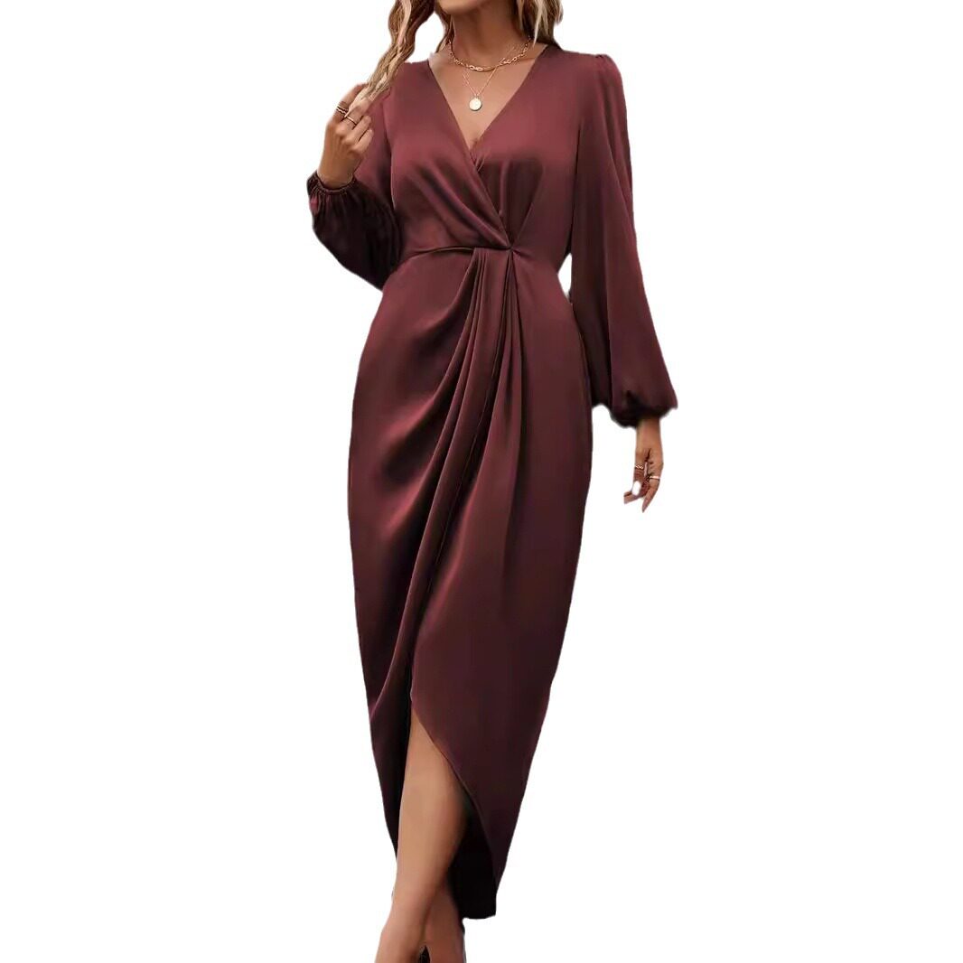 Fashionable Solid Color V Neck Long Sleeve Dress for Women Waist Defining Split Hem Elegant Style Perfect for Parties